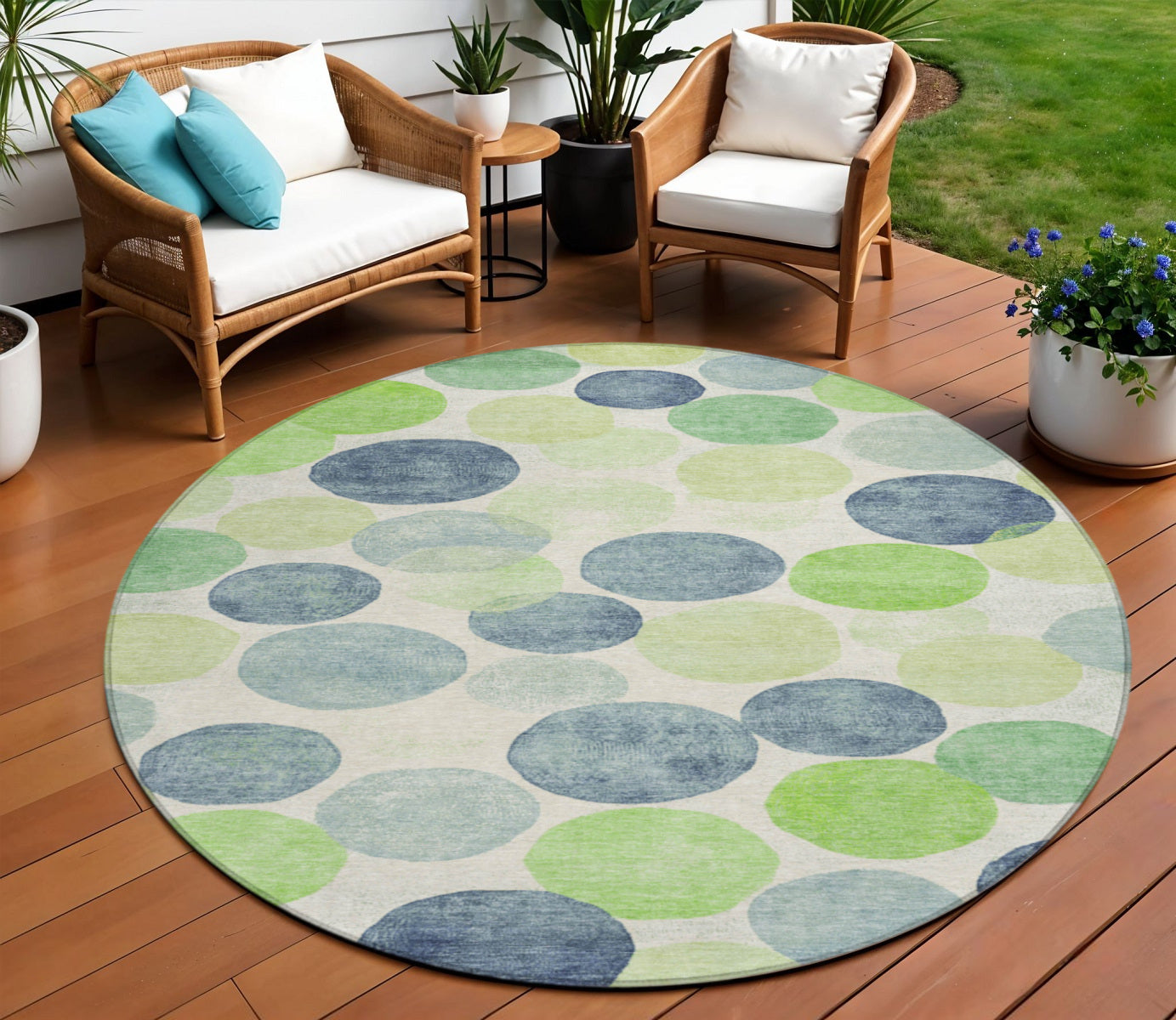 8 Navy Blue Lime Green And Ivory Round Geometric Washable Indoor Outdoor Area Rug