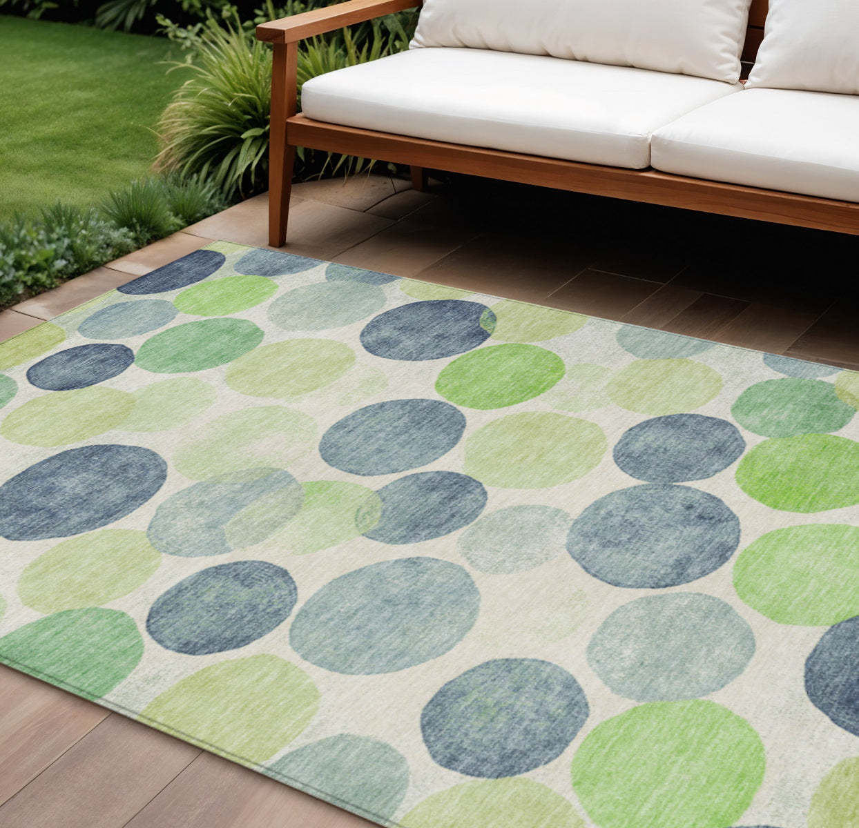 8 X 10 Navy Blue Lime Green And Ivory Geometric Washable Indoor Outdoor Area Rug
