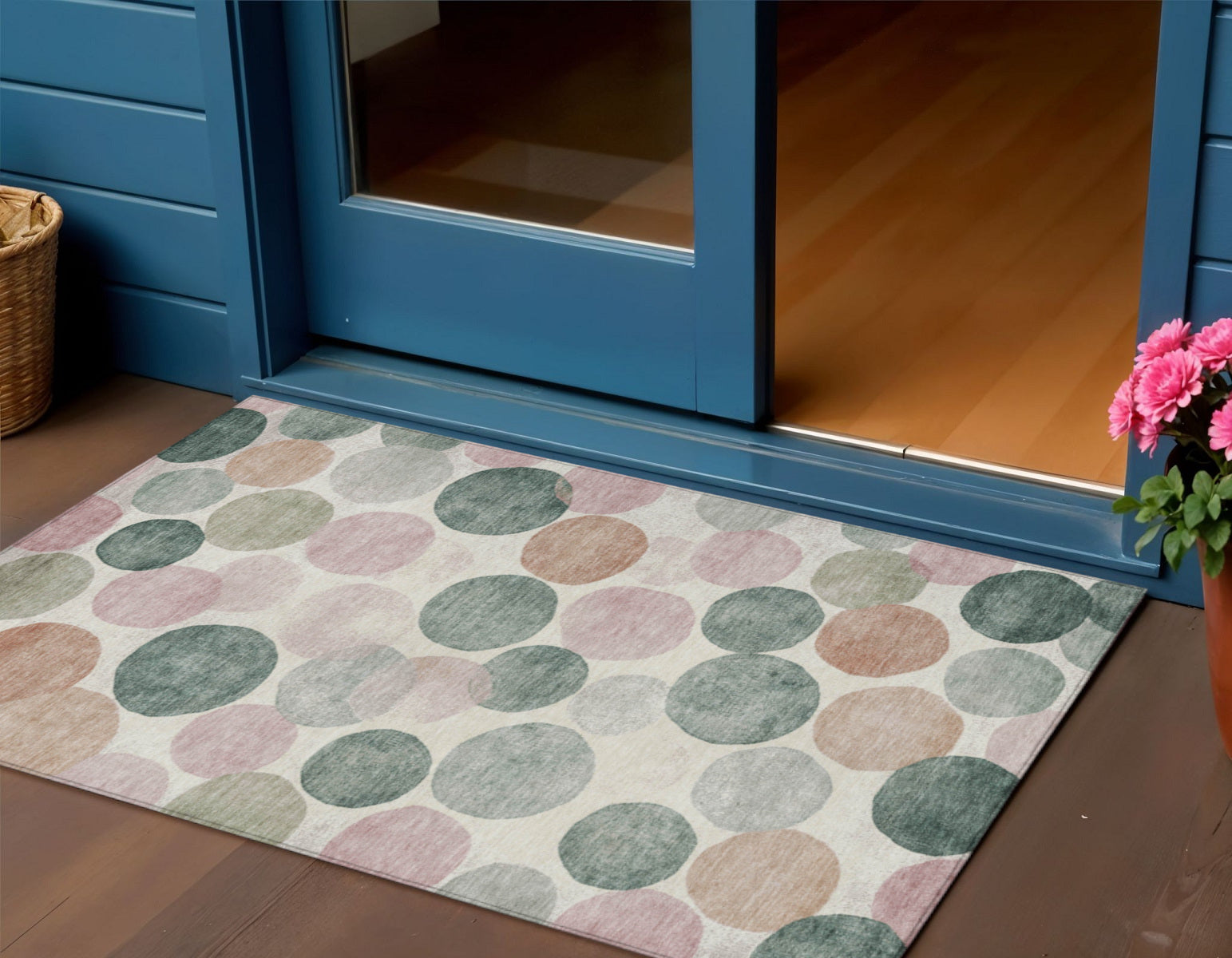 3 X 5 Salmon Green And Peach Geometric Washable Indoor Outdoor Area Rug