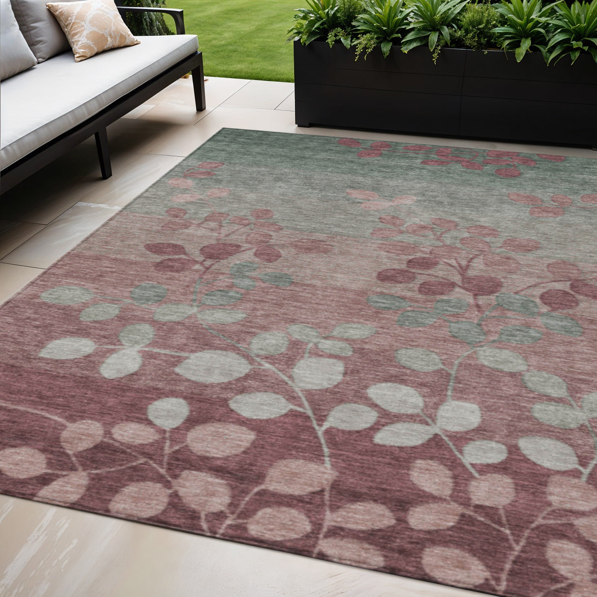 5 X 8 Blush And Emerald Floral Washable Indoor Outdoor Area Rug