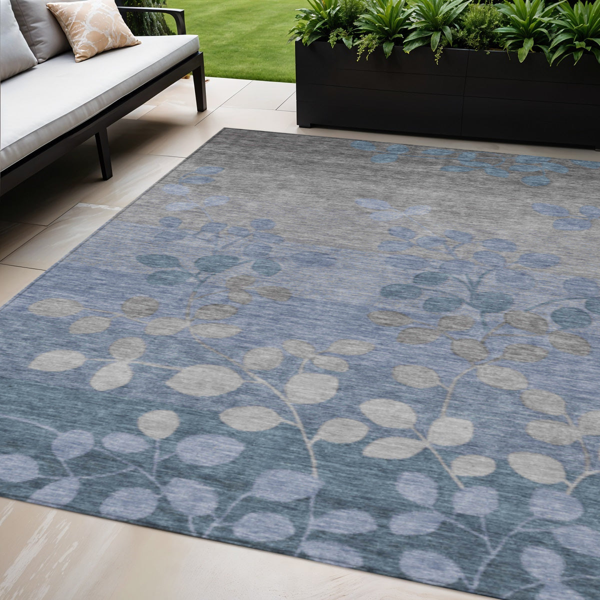 5 X 8 Denim Blue And Gray Floral Washable Indoor Outdoor Area Rug