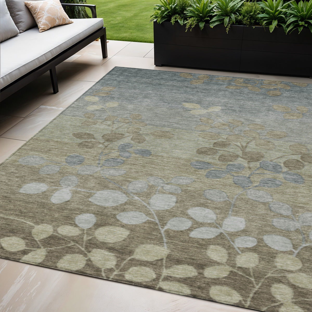 5 X 8 Khaki And Gray Floral Washable Indoor Outdoor Area Rug