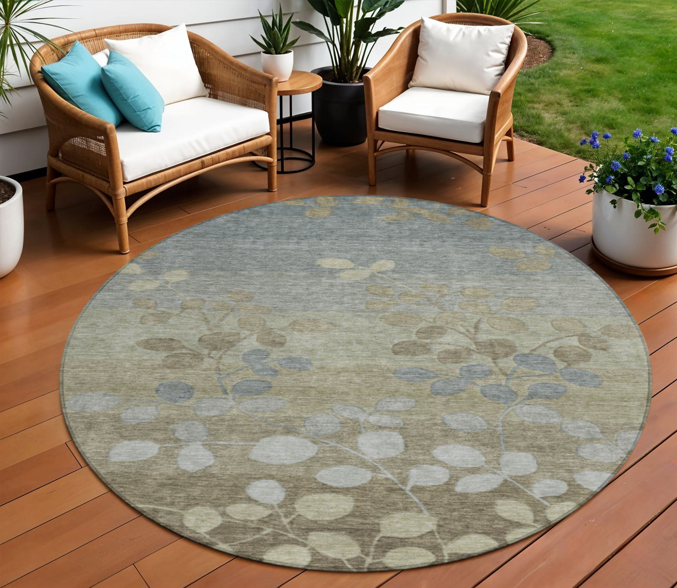 8 Khaki And Gray Round Floral Washable Indoor Outdoor Area Rug