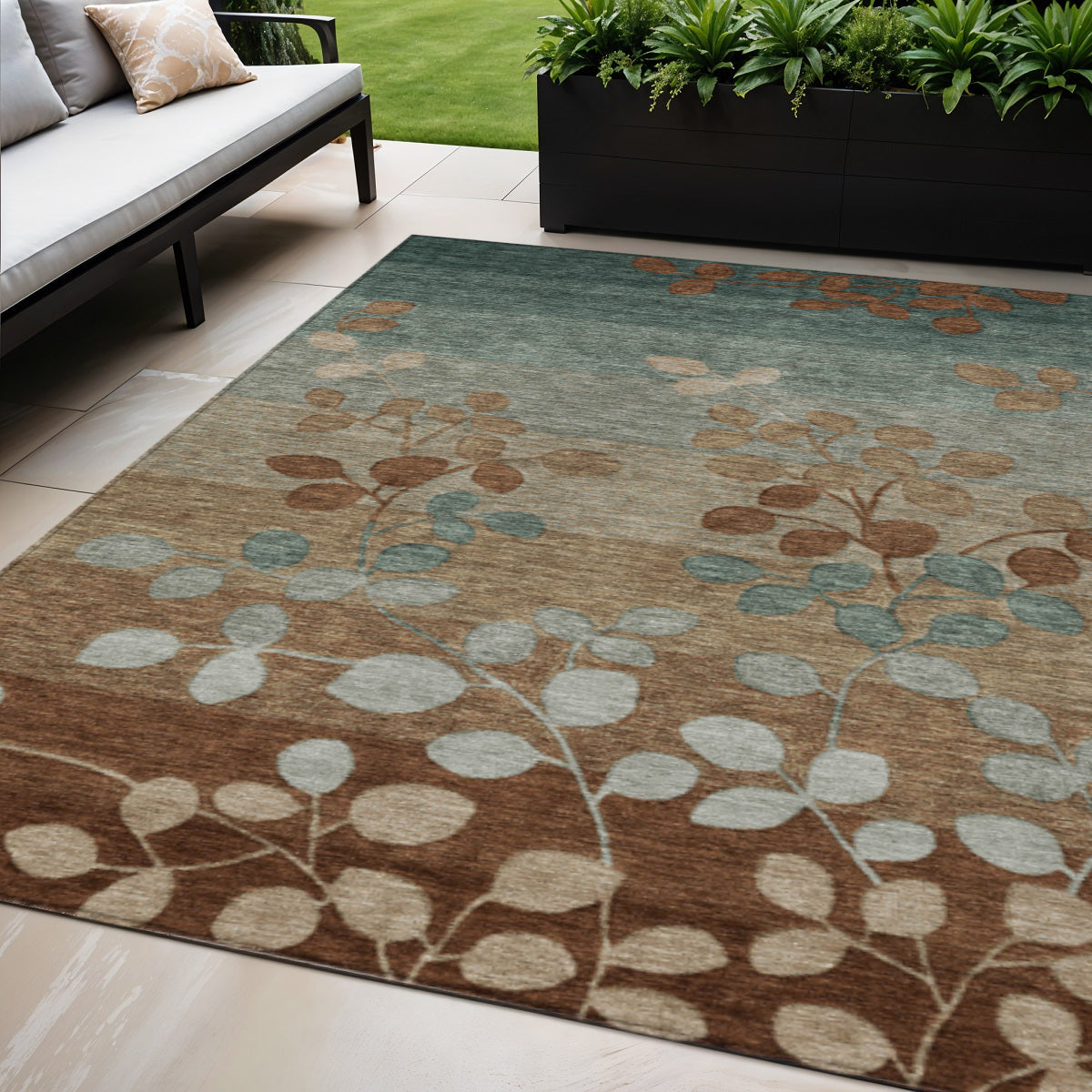 5 X 8 Brown And Teal Blue Floral Washable Indoor Outdoor Area Rug