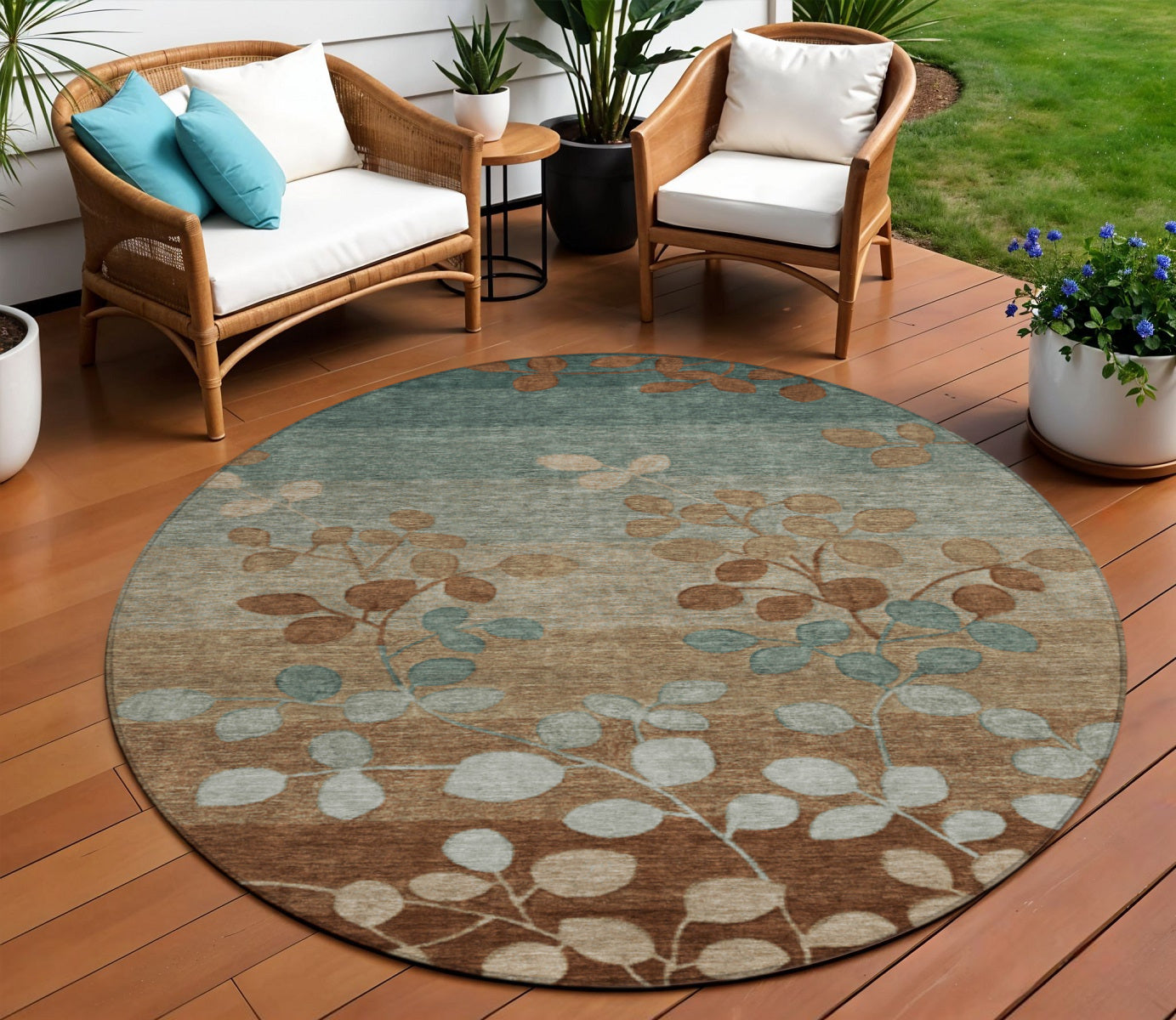 8 Brown And Teal Blue Round Floral Washable Indoor Outdoor Area Rug