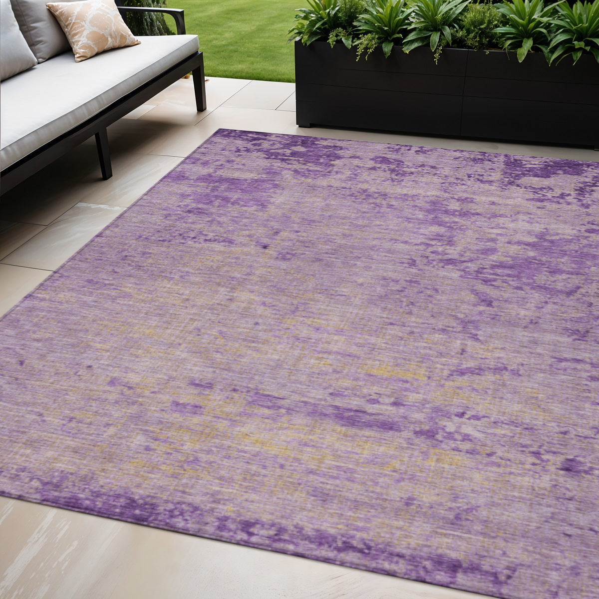 5 X 8 Purple And Beige Abstract Washable Indoor Outdoor Area Rug