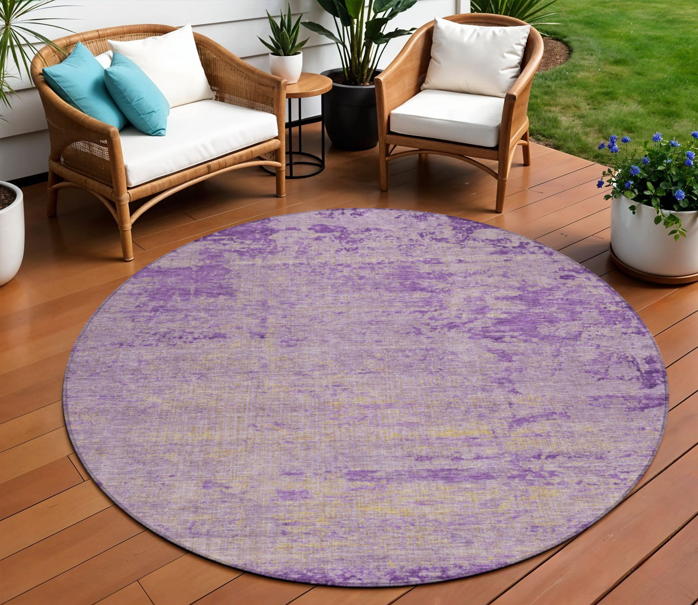 8 Purple And Beige Round Abstract Washable Indoor Outdoor Area Rug
