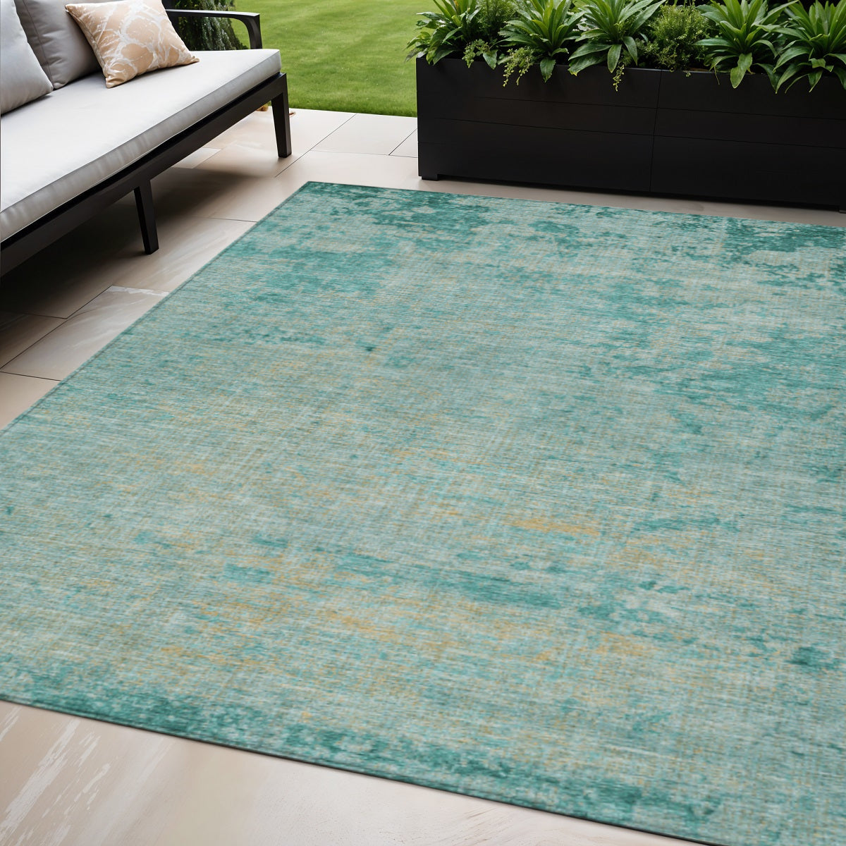 5 X 8 Teal Blue And Wheat Abstract Washable Indoor Outdoor Area Rug