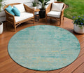 8 Teal Blue And Wheat Round Abstract Washable Indoor Outdoor Area Rug