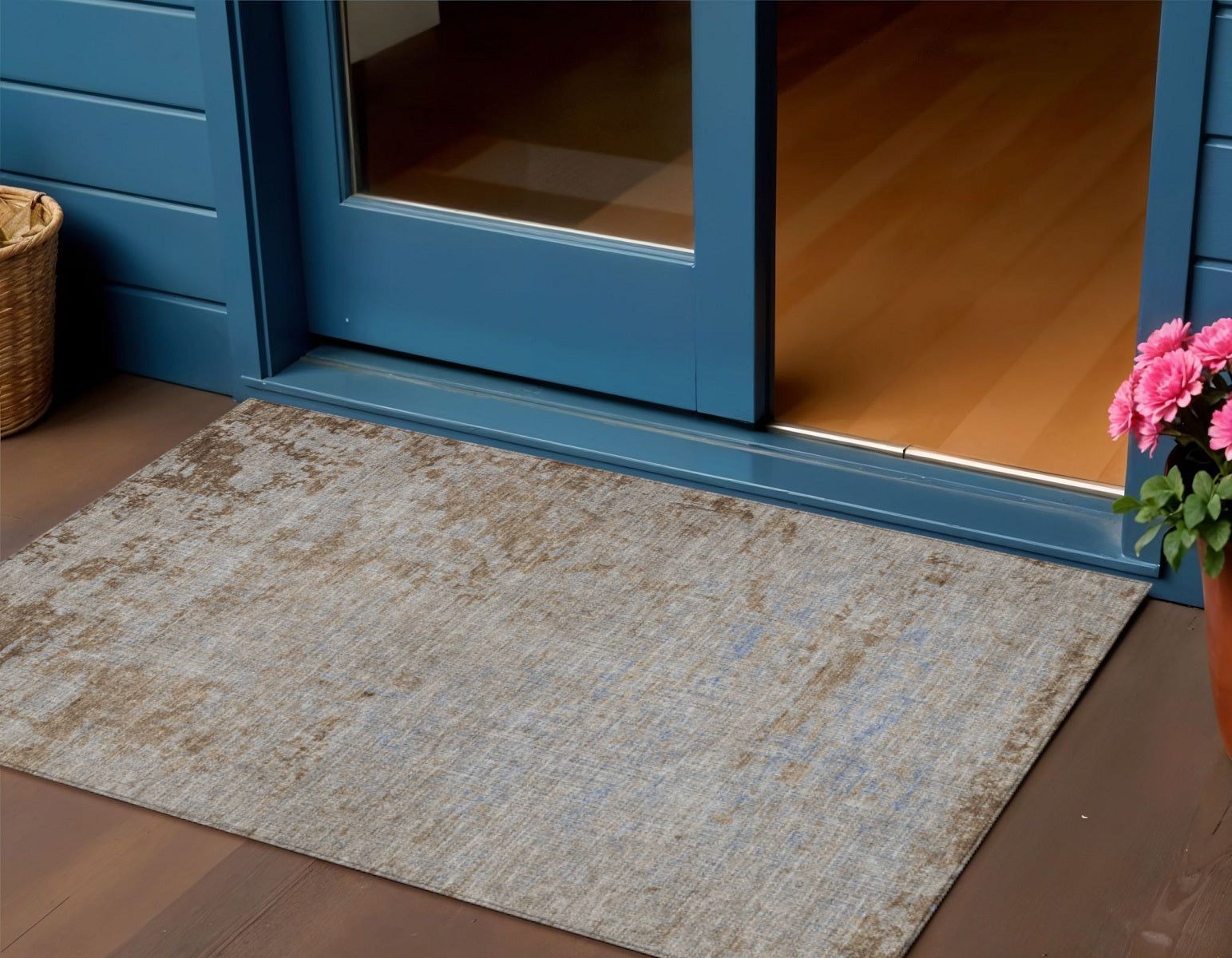 3 X 5 Taupe And Denim Blue Abstract Washable Indoor Outdoor Area Rug