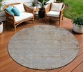 8 Taupe And Denim Blue Round Abstract Washable Indoor Outdoor Area Rug