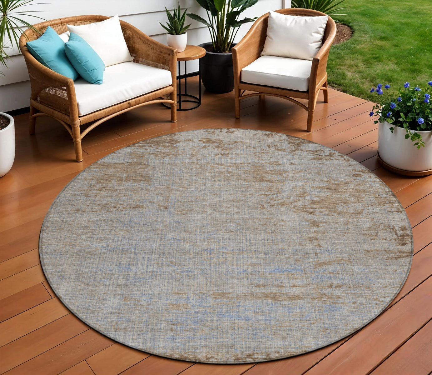 8 Taupe And Denim Blue Round Abstract Washable Indoor Outdoor Area Rug