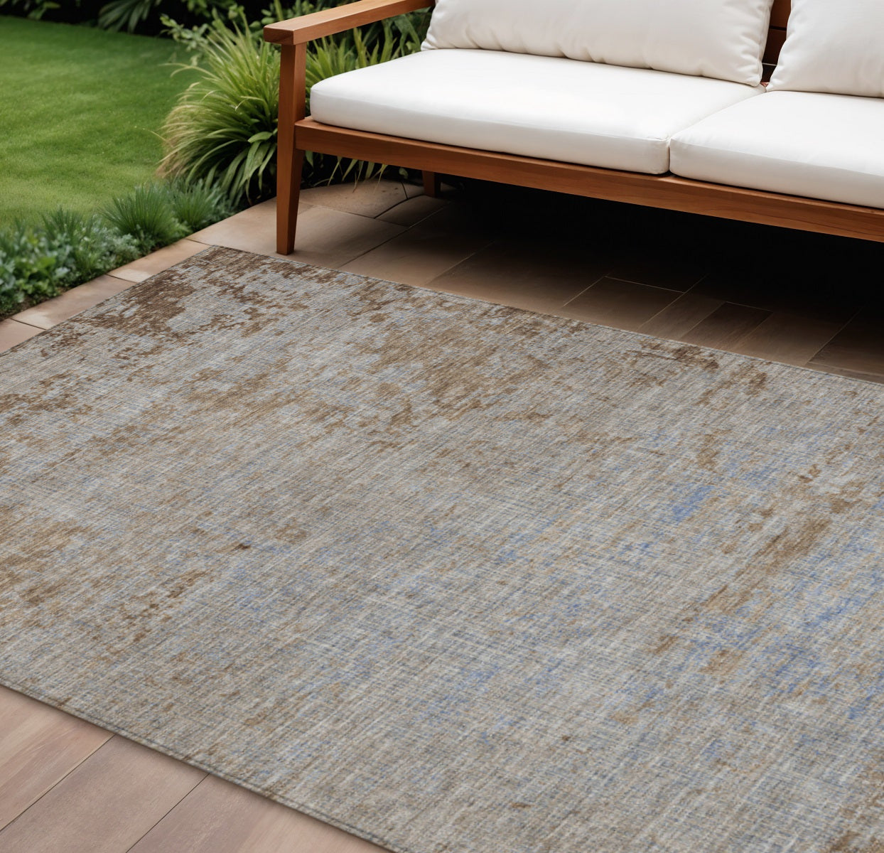 9 X 12 Taupe And Denim Blue Abstract Washable Indoor Outdoor Area Rug