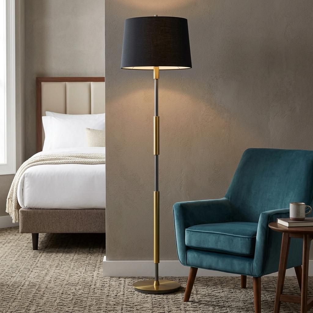 60 Inch Antiqued Brass Metal Floor Lamp With Black Fabric Drum Shade
