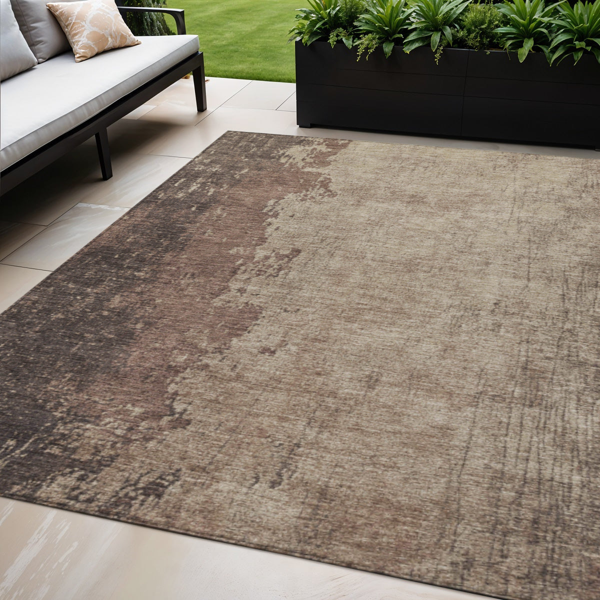 5 X 8 Chocolate And Taupe Abstract Washable Indoor Outdoor Area Rug