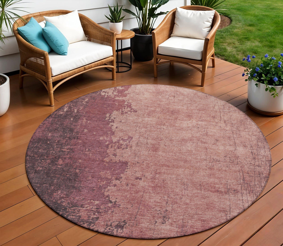 8 Coral And Mauve Round Abstract Washable Indoor Outdoor Area Rug