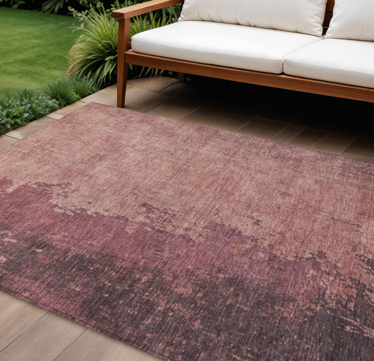 9 X 12 Coral And Mauve Abstract Washable Indoor Outdoor Area Rug