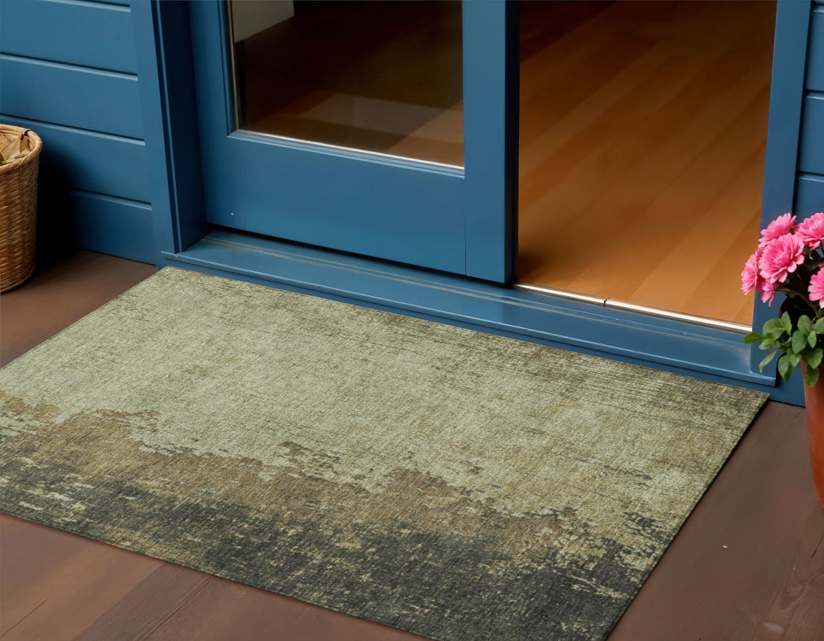 3 X 5 Olive Green And Brown Abstract Washable Indoor Outdoor Area Rug
