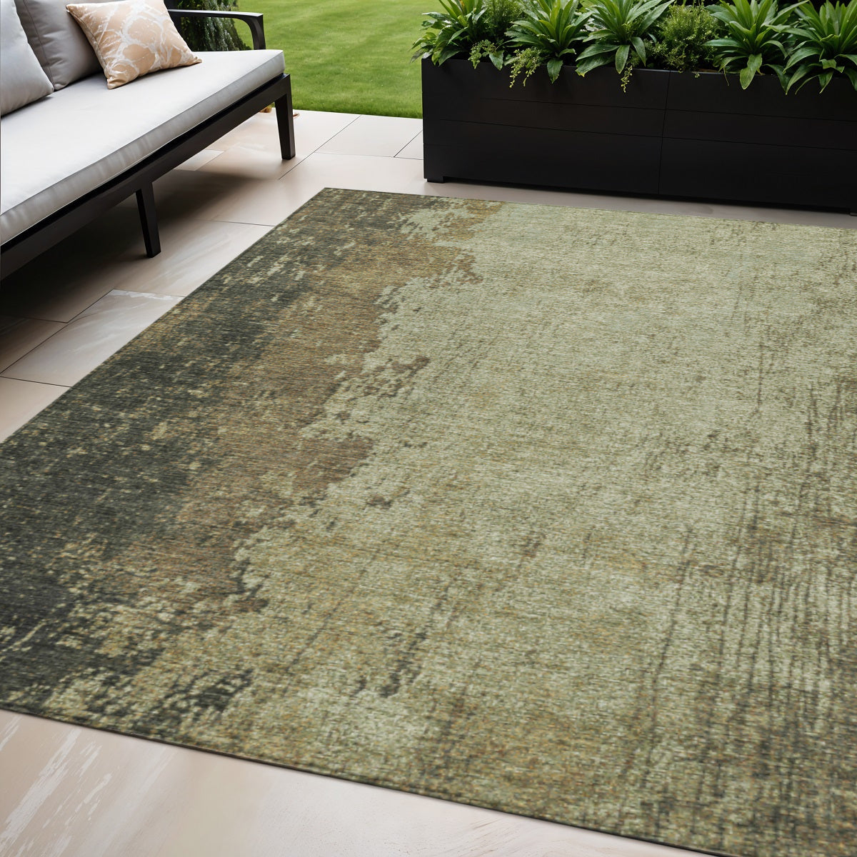 5 X 8 Olive Green And Brown Abstract Washable Indoor Outdoor Area Rug