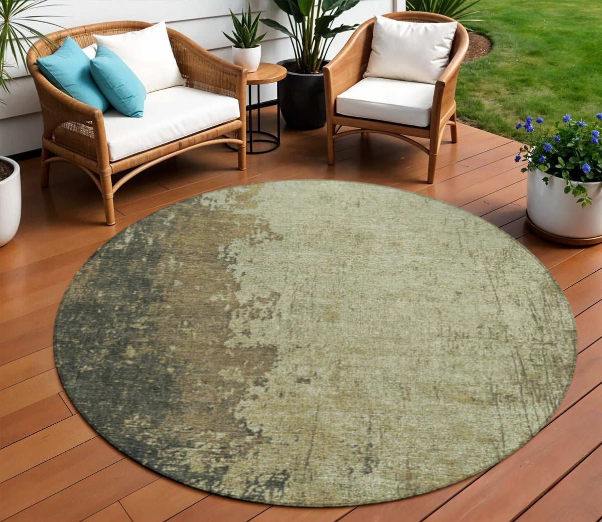 8 Olive Green And Brown Round Abstract Washable Indoor Outdoor Area Rug