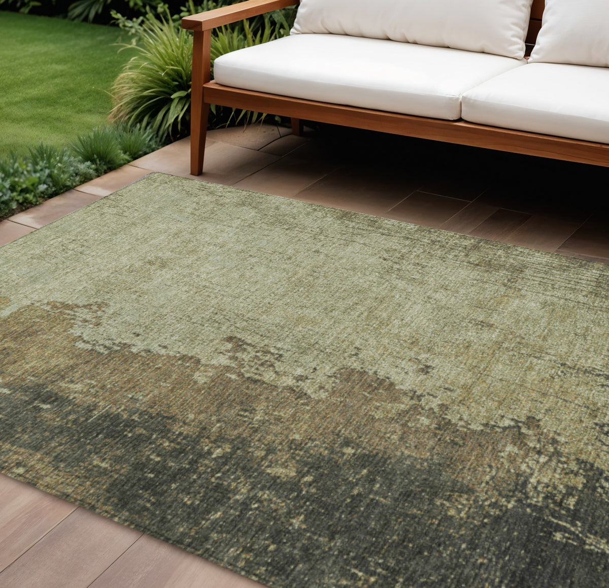 10 X 14 Olive Green And Brown Abstract Washable Indoor Outdoor Area Rug