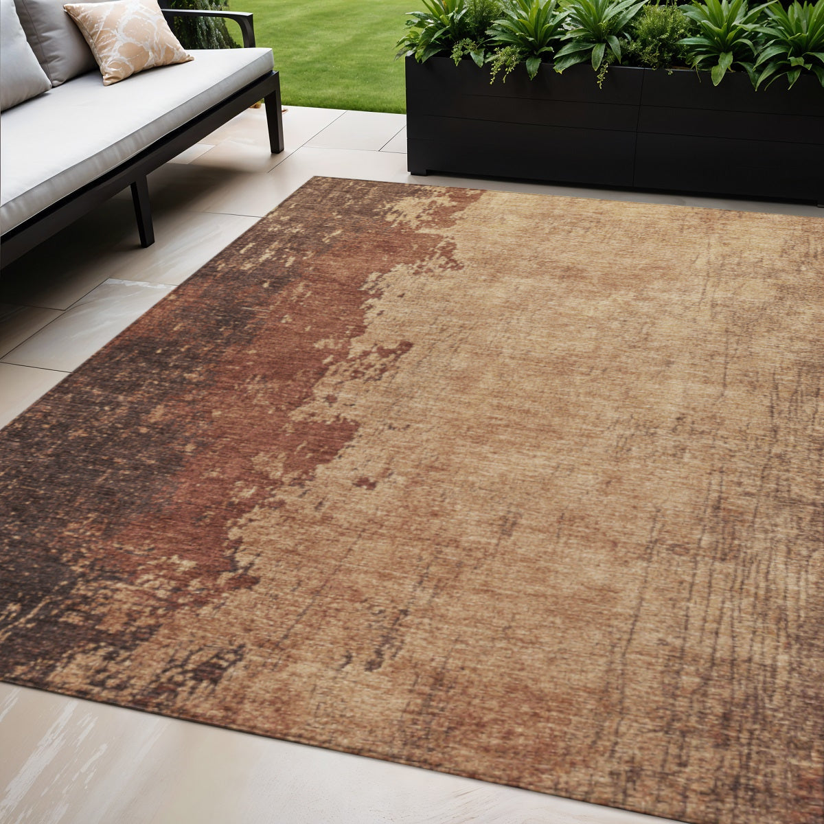 5 X 8 Rust And Copper Abstract Washable Indoor Outdoor Area Rug