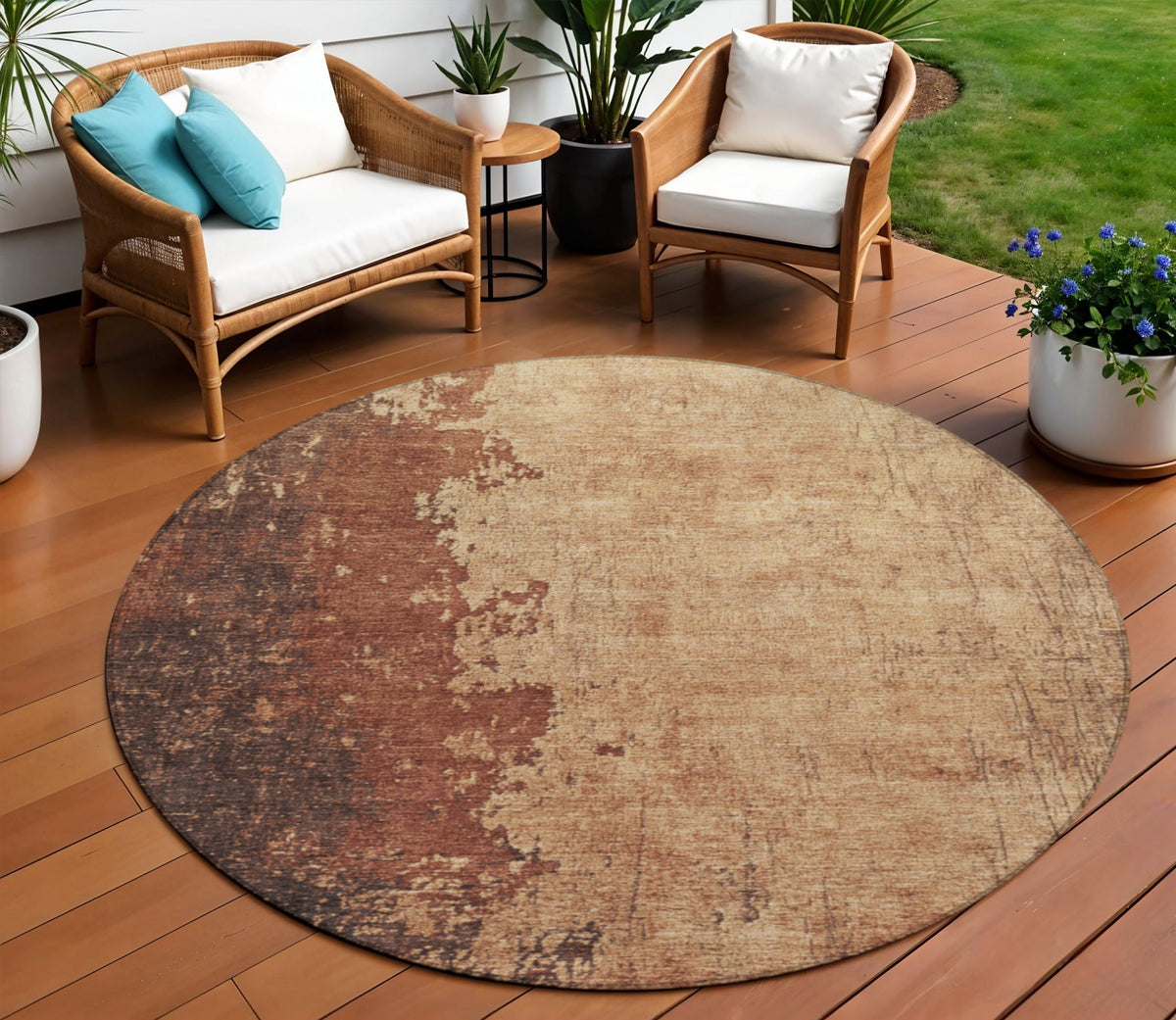 8 Rust And Copper Round Abstract Washable Indoor Outdoor Area Rug