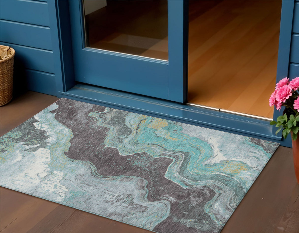 3 X 5 Teal Blue And Charcoal Abstract Washable Indoor Outdoor Area Rug