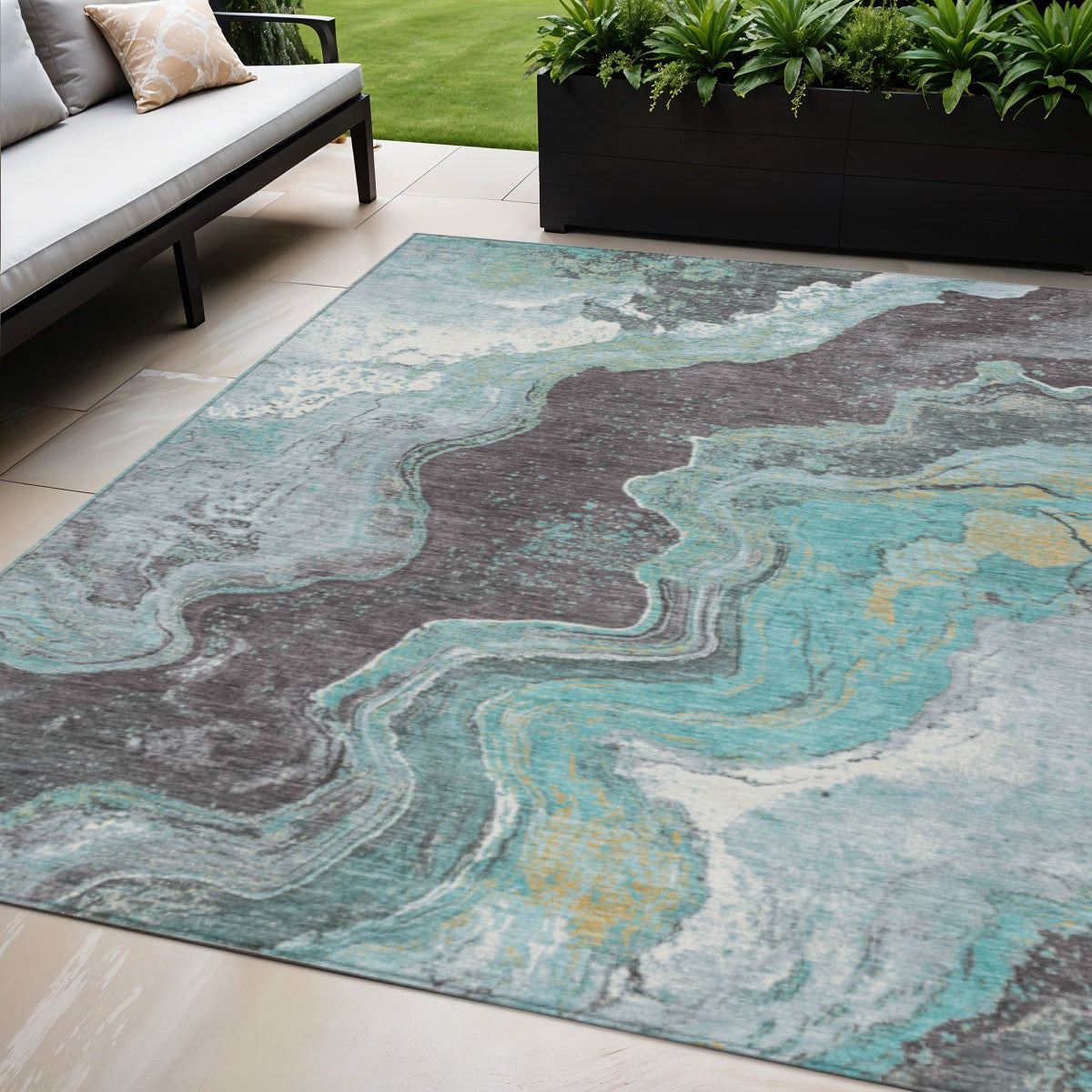 5 X 8 Teal Blue And Charcoal Abstract Washable Indoor Outdoor Area Rug
