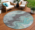 8 Teal Blue And Charcoal Round Abstract Washable Indoor Outdoor Area Rug