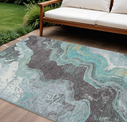 9 X 12 Teal Blue And Charcoal Abstract Washable Indoor Outdoor Area Rug