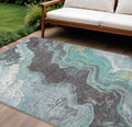 10 X 14 Teal Blue And Charcoal Abstract Washable Indoor Outdoor Area Rug