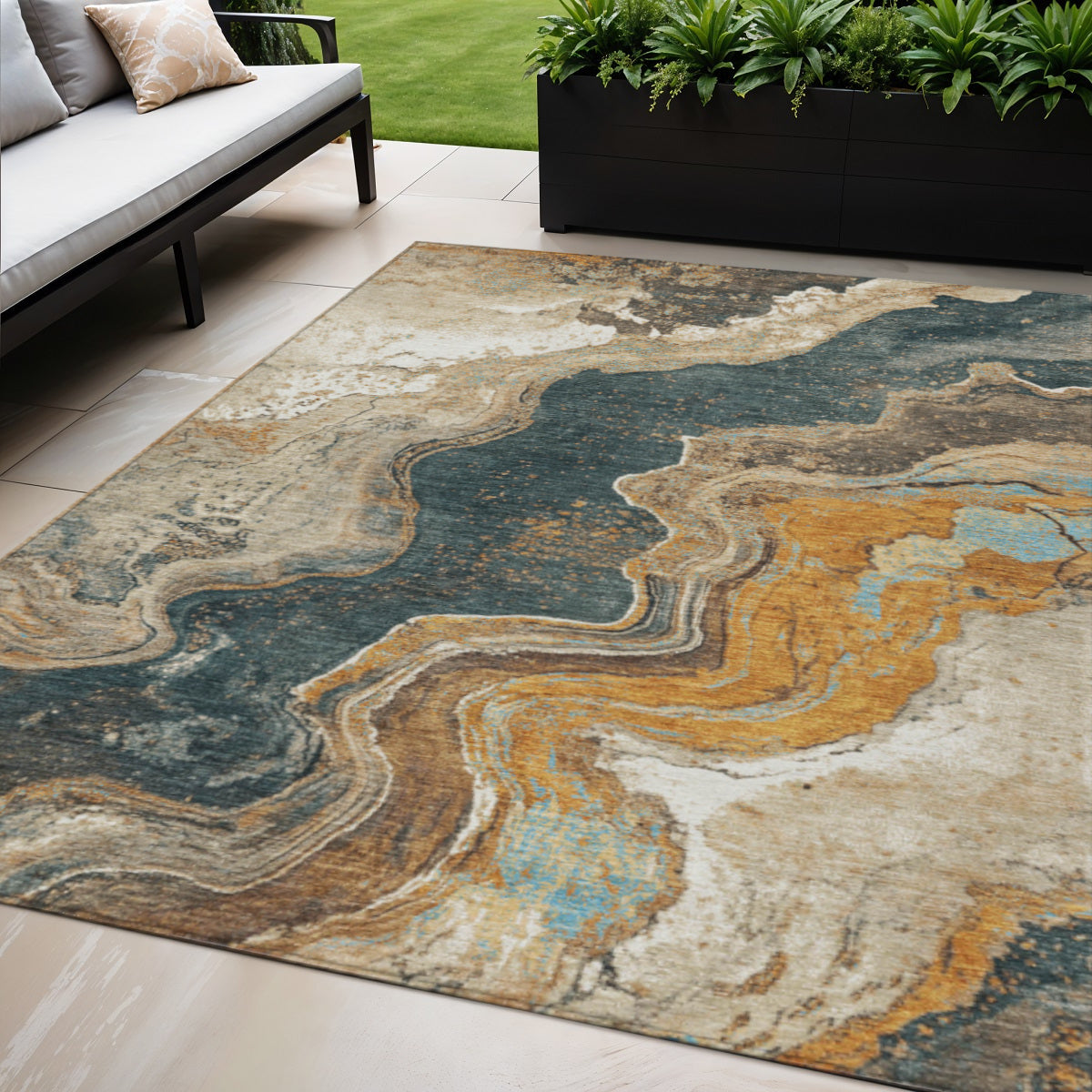 5 X 8 Wheat And Charcoal Abstract Washable Indoor Outdoor Area Rug