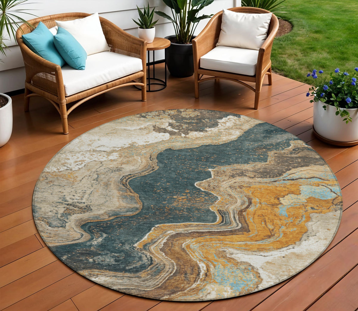 8 Wheat And Charcoal Round Abstract Washable Indoor Outdoor Area Rug