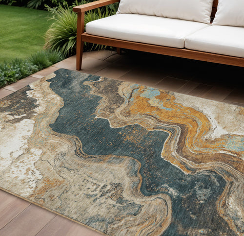 10 X 14 Wheat And Charcoal Abstract Washable Indoor Outdoor Area Rug