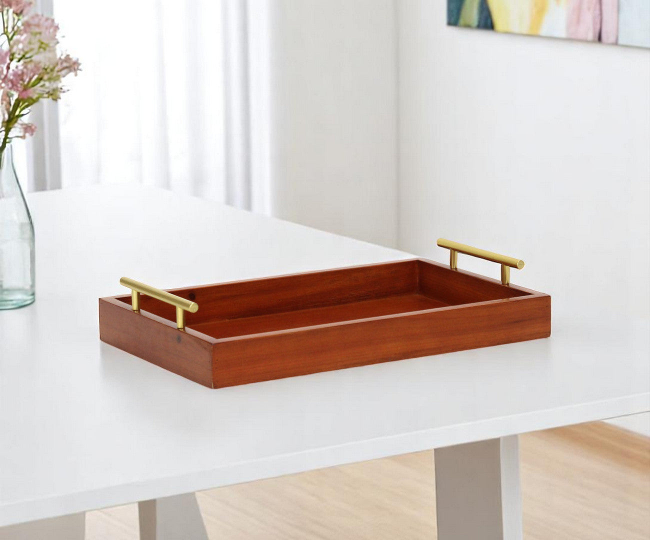 16 Brown And Gold Solid Wood Handmade Serving Tray With Handles