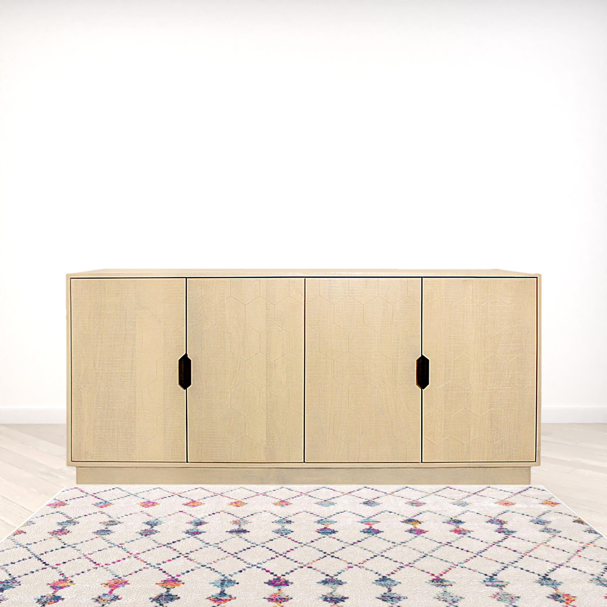 72 Natural Distressed Solid Wood Carved Geometric Sideboard with Four Doors