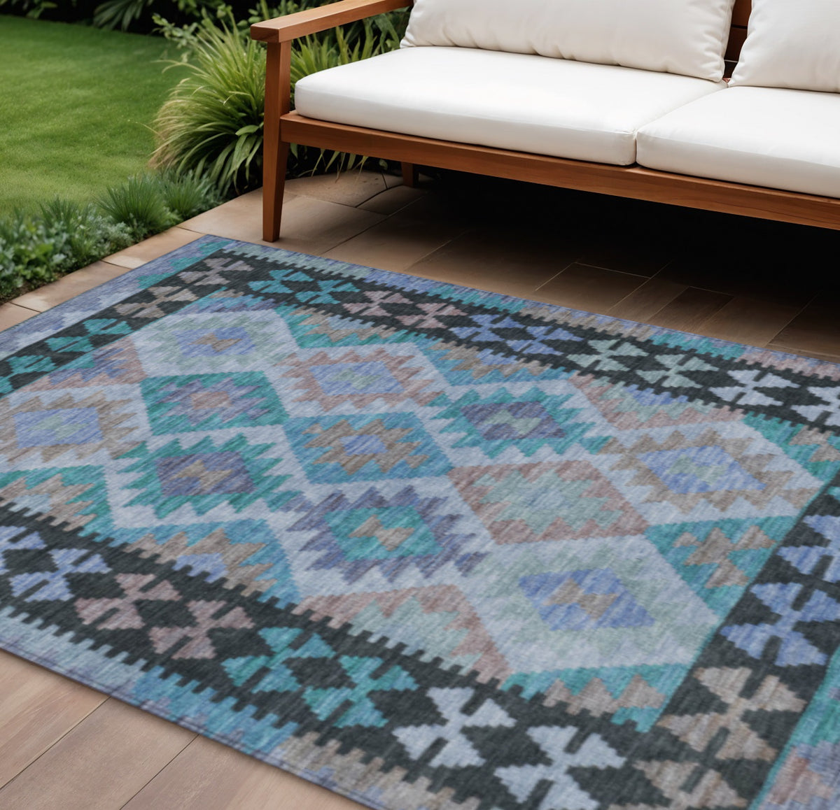 9 X 12 Teal Blue Charcoal And Copper Tribal Washable Indoor Outdoor Area Rug