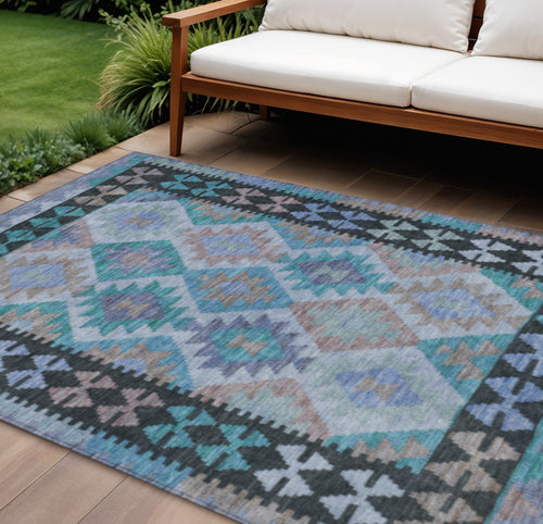 10 X 14 Teal Blue Charcoal And Copper Tribal Washable Indoor Outdoor Area Rug