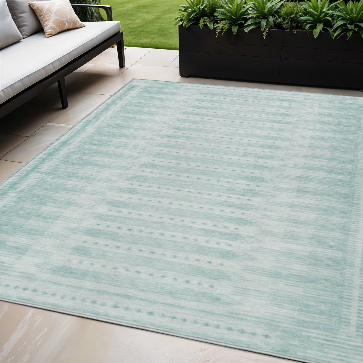 5 X 8 Turquoise And Aqua Geometric Washable Indoor Outdoor Area Rug