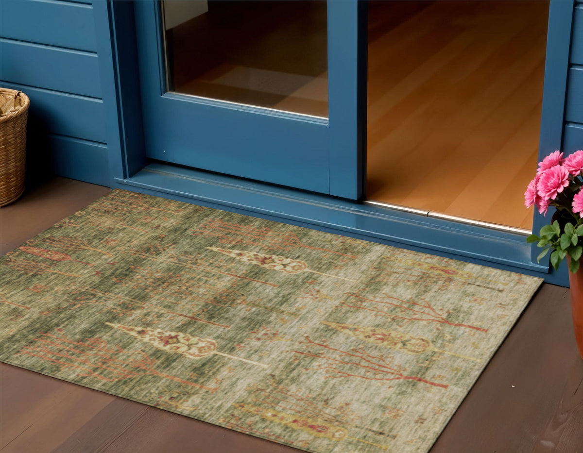 3 X 5 Artichoke Green And Rust Floral Washable Indoor Outdoor Area Rug