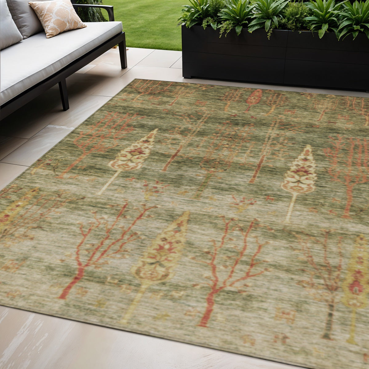 5 X 8 Artichoke Green And Rust Floral Washable Indoor Outdoor Area Rug