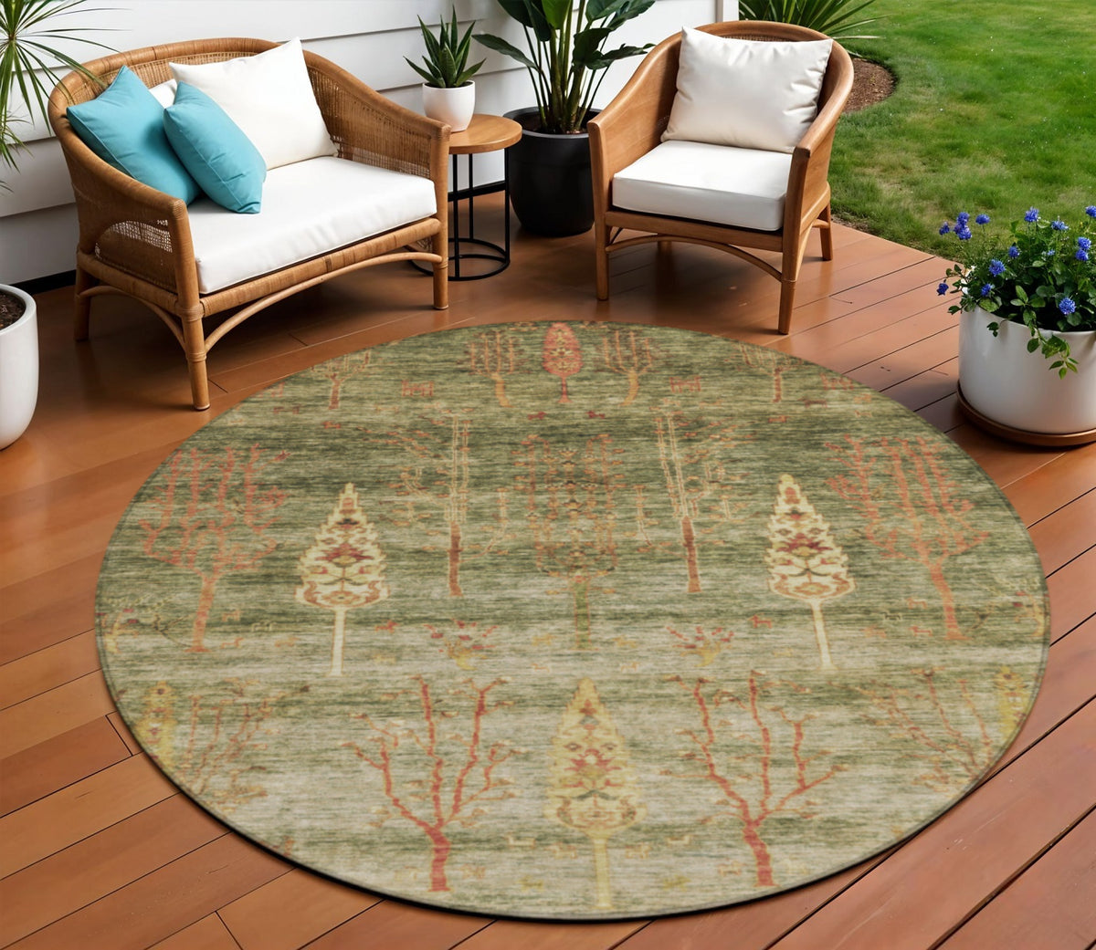 8 Artichoke Green And Rust Round Floral Washable Indoor Outdoor Area Rug