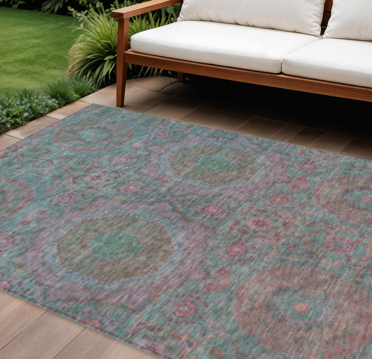 10 X 14 Teal Blue And Blush Medallion Washable Indoor Outdoor Area Rug