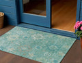 3 X 5 Teal Blue Copper And Ivory Floral Medallion Washable Indoor Outdoor Area Rug