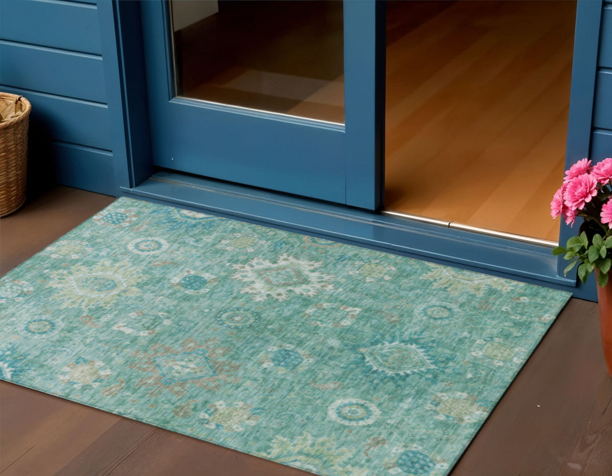 3 X 5 Teal Blue Copper And Ivory Floral Medallion Washable Indoor Outdoor Area Rug