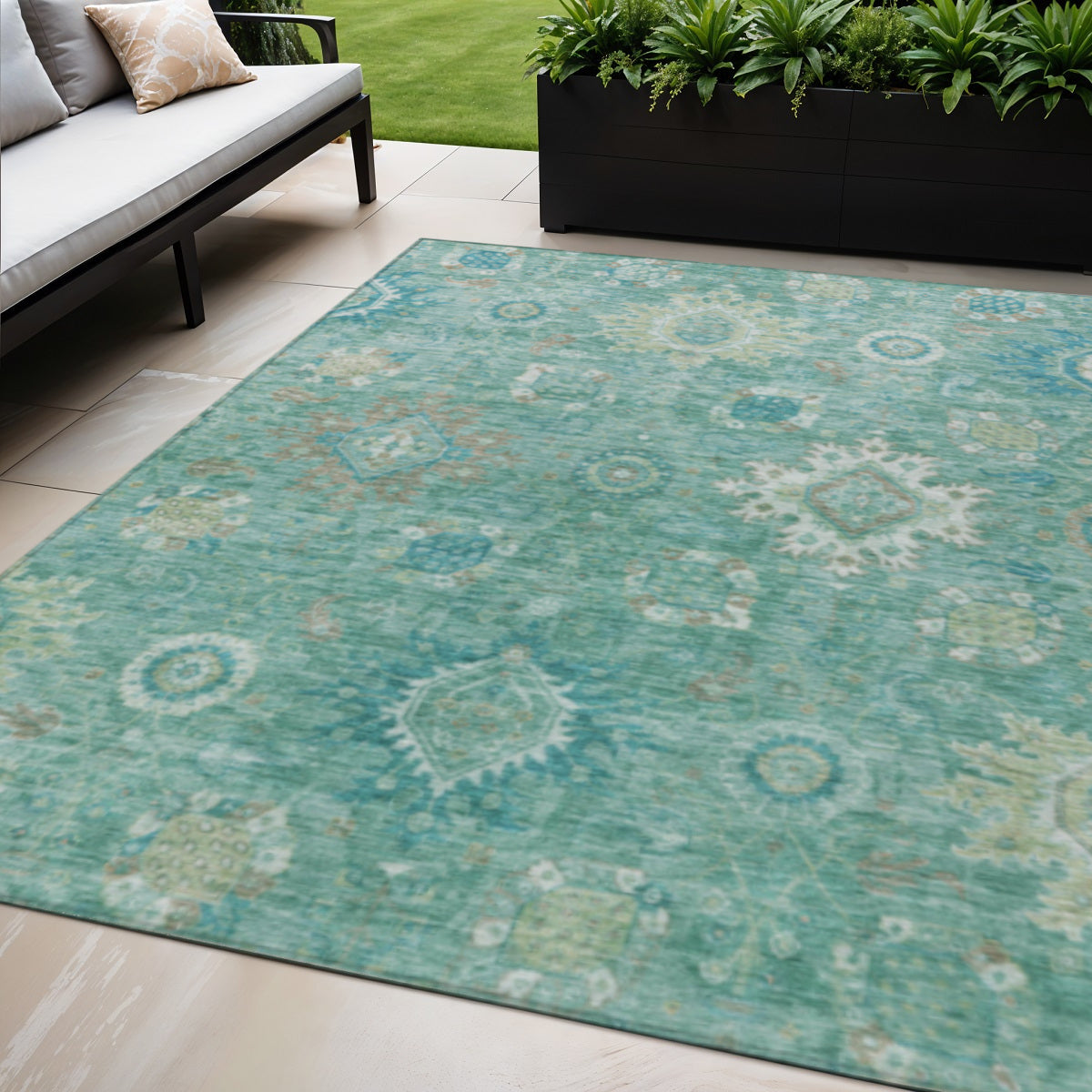 5 X 8 Teal Blue Copper And Ivory Floral Medallion Washable Indoor Outdoor Area Rug