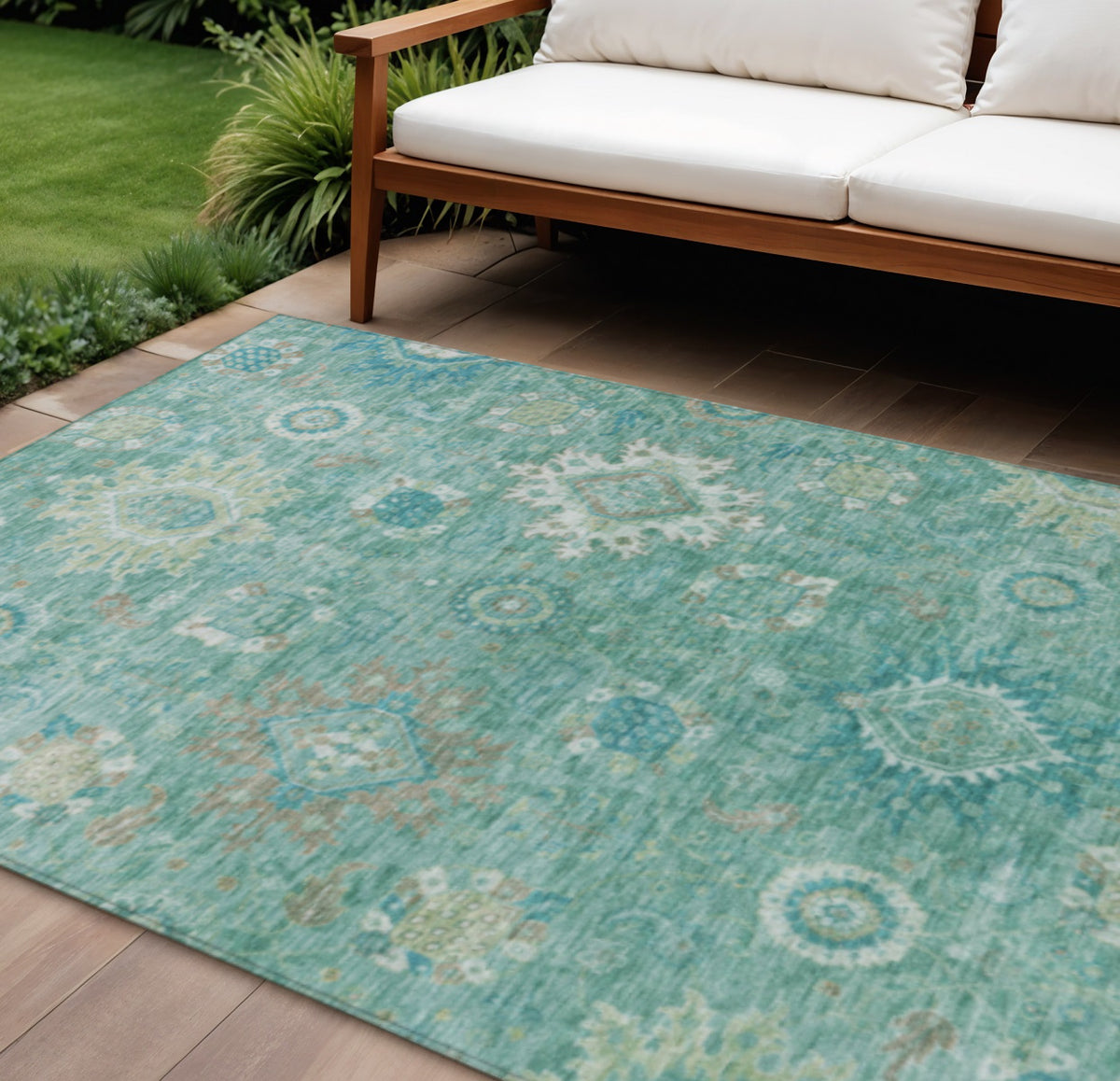10 X 14 Teal Blue Copper And Ivory Floral Medallion Washable Indoor Outdoor Area Rug