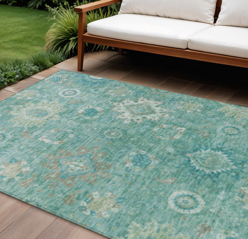 10 X 14 Teal Blue Copper And Ivory Floral Medallion Washable Indoor Outdoor Area Rug