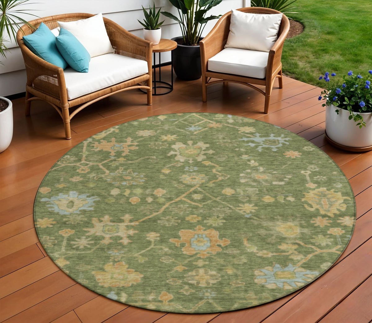 8 Fern Green And Gold Round Floral Washable Indoor Outdoor Area Rug